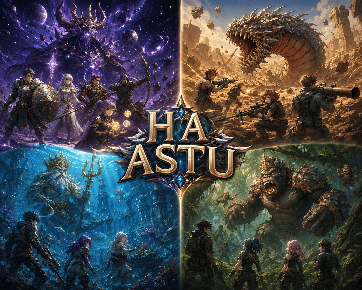 Four realms of HA ASTU — the void, the wastes, the deep sea, and the jungle